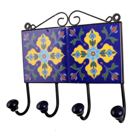 Navy Blue Yellow Floral Tiles Hooks